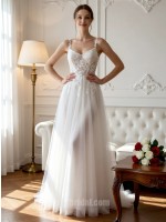 White Spaghetti Strap Lace Appliqué Form-Fitting Airy Tulle Wedding Gown with Sweep Train