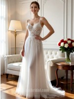 White Spaghetti Strap Lace Appliqué Form-Fitting Airy Tulle Wedding Gown with Sweep Train