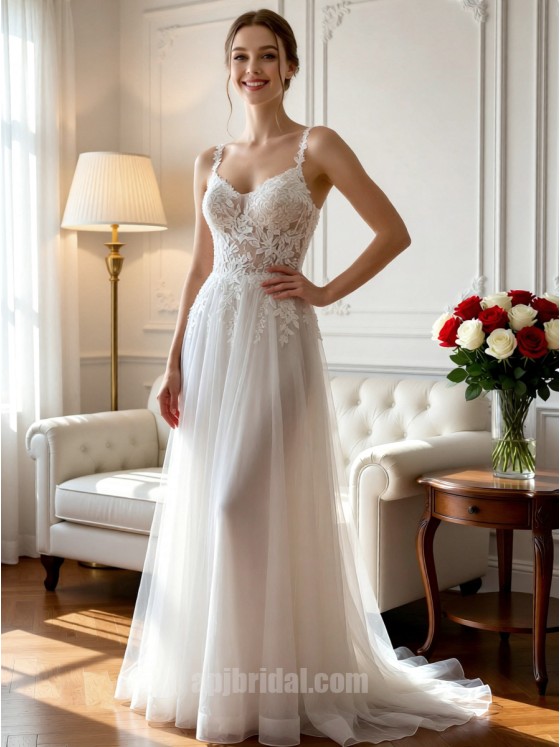 White Spaghetti Strap Lace Appliqué Form-Fitting Airy Tulle Wedding Gown with Sweep Train