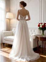 White Spaghetti Strap Lace Appliqué Form-Fitting Airy Tulle Wedding Gown with Sweep Train