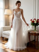 White Spaghetti Strap Lace Appliqué Form-Fitting Airy Tulle Wedding Gown with Sweep Train