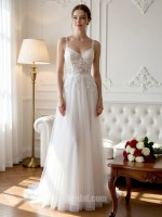 White Spaghetti Strap Lace Appliqué Form-Fitting Airy Tulle Wedding Gown with Sweep Train