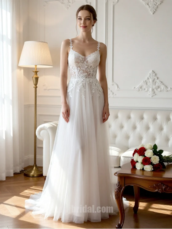 White Spaghetti Strap Lace Appliqué Form-Fitting Airy Tulle Wedding Gown with Sweep Train