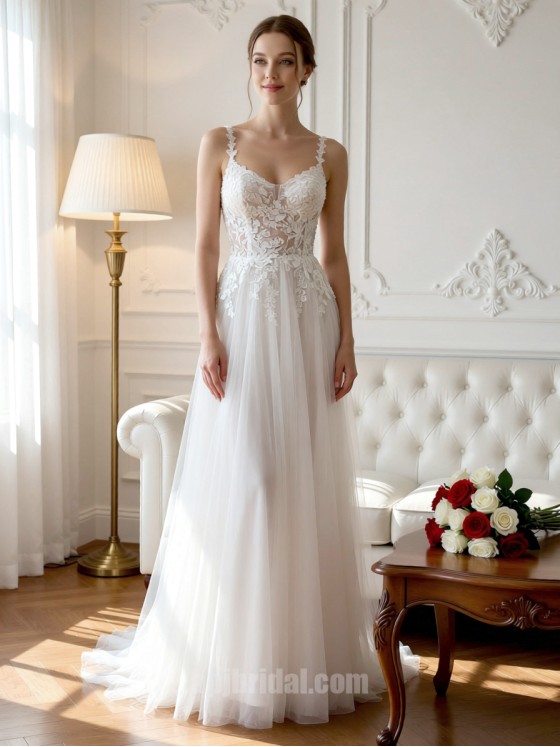 White Spaghetti Strap Lace Appliqué Form-Fitting Airy Tulle Wedding Gown with Sweep Train