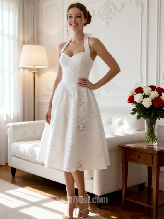 White Halter All-Over Lace A-Line Midi Retro Wedding Cocktail Dress