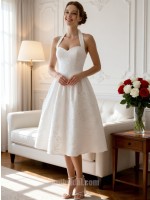 White Halter All-Over Lace A-Line Midi Retro Wedding Cocktail Dress