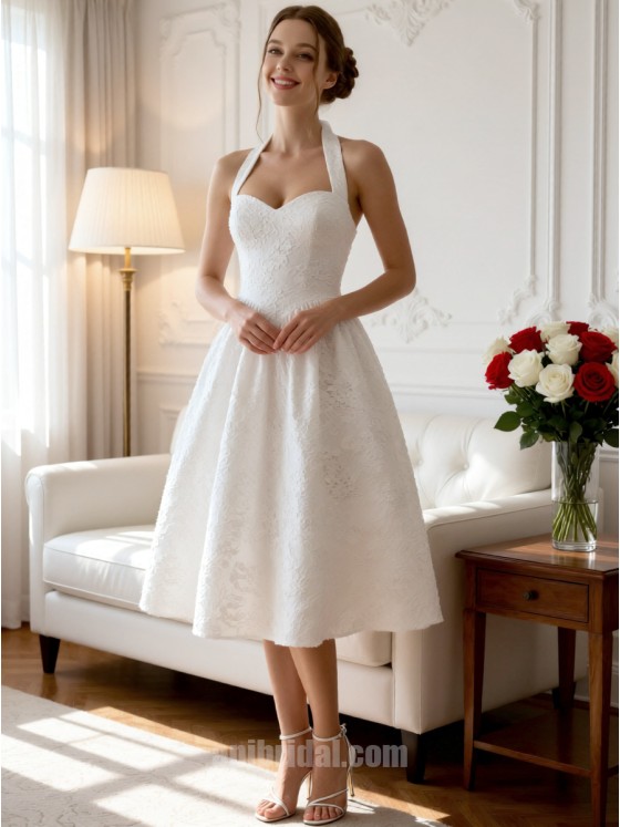White Halter All-Over Lace A-Line Midi Retro Wedding Cocktail Dress