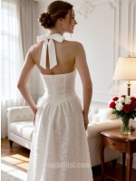 White Halter All-Over Lace A-Line Midi Retro Wedding Cocktail Dress