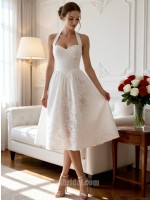 White Halter All-Over Lace A-Line Midi Retro Wedding Cocktail Dress