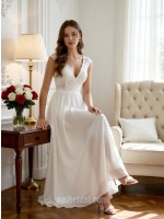 White Plunging V-Neck Lace Patchwork Form-Fitting Floor-Length Flowing Tulle Wedding Gown