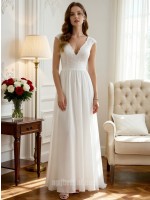 White Plunging V-Neck Lace Patchwork Form-Fitting Floor-Length Flowing Tulle Wedding Gown