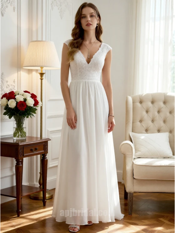 White Plunging V-Neck Lace Patchwork Form-Fitting Floor-Length Flowing Tulle Wedding Gown