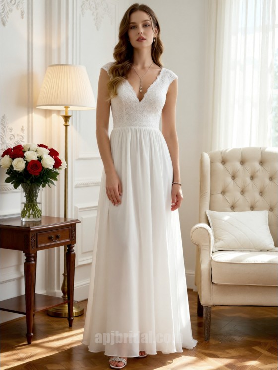 White Plunging V-Neck Lace Patchwork Form-Fitting Floor-Length Flowing Tulle Wedding Gown