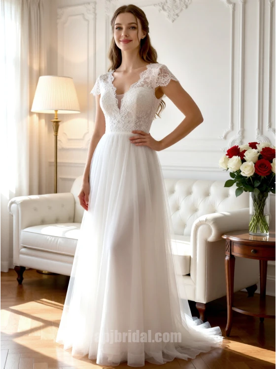 White Plunging V-Neck Lace Patchwork Form-Fitting A-Line Airy Tulle Wedding Gown with Sweep Train
