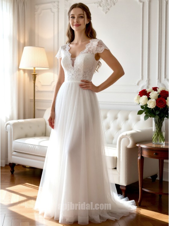 White Plunging V-Neck Lace Patchwork Form-Fitting A-Line Airy Tulle Wedding Gown with Sweep Train