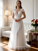 White Plunging V-Neck Lace Patchwork Form-Fitting A-Line Airy Tulle Wedding Gown with Sweep Train