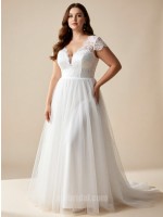 White Plunging V-Neck Lace Patchwork Form-Fitting A-Line Airy Tulle Wedding Gown with Sweep Train