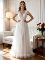 White Plunging V-Neck Lace Patchwork Form-Fitting A-Line Airy Tulle Wedding Gown with Sweep Train