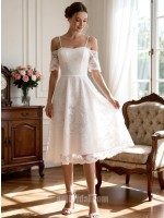 Elegant Lace A-Line Tea-Length Wedding Dress with Spaghetti Straps and Off-the-Shoulder Sleeves