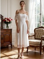 Elegant Lace A-Line Tea-Length Wedding Dress with Spaghetti Straps and Off-the-Shoulder Sleeves