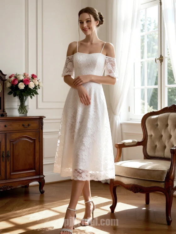 Elegant Lace A-Line Tea-Length Wedding Dress with Spaghetti Straps and Off-the-Shoulder Sleeves