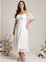 Elegant Lace A-Line Tea-Length Wedding Dress with Spaghetti Straps and Off-the-Shoulder Sleeves