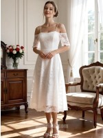 Elegant Lace A-Line Tea-Length Wedding Dress with Spaghetti Straps and Off-the-Shoulder Sleeves