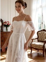 Elegant Lace A-Line Tea-Length Wedding Dress with Spaghetti Straps and Off-the-Shoulder Sleeves