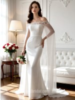 Elegant Off-the-Shoulder Lace Applique Satin Mermaid Wedding Dress with Cape