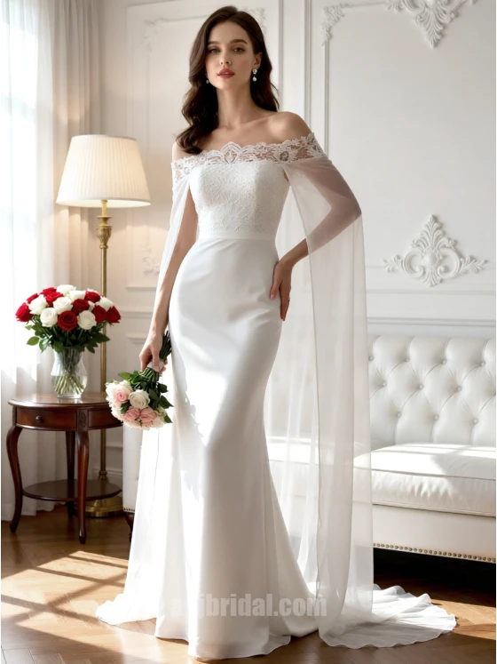 Elegant Off-the-Shoulder Lace Applique Satin Mermaid Wedding Dress with Cape