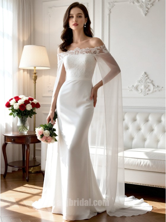 Elegant Off-the-Shoulder Lace Applique Satin Mermaid Wedding Dress with Cape