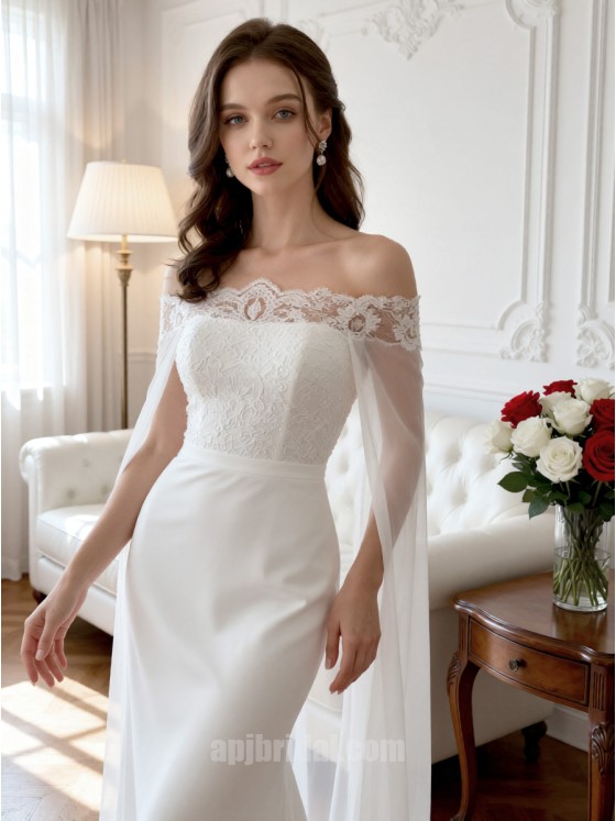 Elegant Off-the-Shoulder Lace Applique Satin Mermaid Wedding Dress with Cape