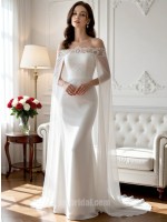 Elegant Off-the-Shoulder Lace Applique Satin Mermaid Wedding Dress with Cape