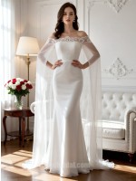 Elegant Off-the-Shoulder Lace Applique Satin Mermaid Wedding Dress with Cape