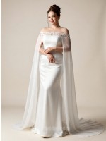 Elegant Off-the-Shoulder Lace Applique Satin Mermaid Wedding Dress with Cape