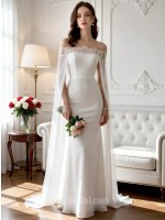 Elegant Off-the-Shoulder Lace Applique Satin Mermaid Wedding Dress with Cape