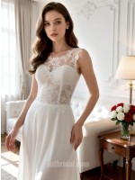 Romantic Lace Applique Chiffon A-Line Wedding Dress with Illusion Neckline