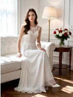 Romantic Lace Applique Chiffon A-Line Wedding Dress with Illusion Neckline