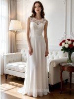 Romantic Lace Applique Chiffon A-Line Wedding Dress with Illusion Neckline