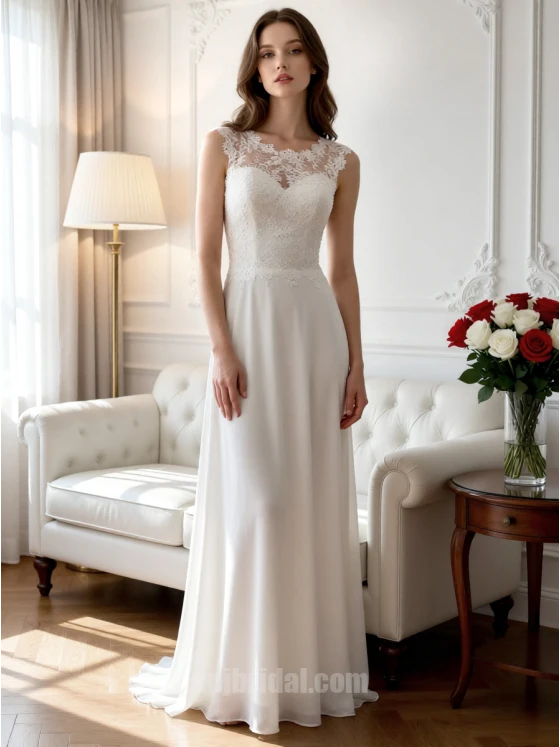 Romantic Lace Applique Chiffon A-Line Wedding Dress with Illusion Neckline
