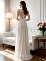 Romantic Lace Applique Chiffon A-Line Wedding Dress with Illusion Neckline
