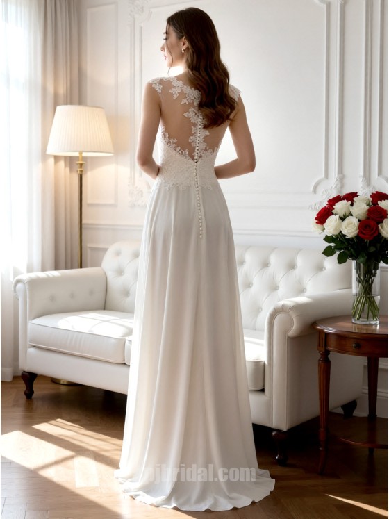 Romantic Lace Applique Chiffon A-Line Wedding Dress with Illusion Neckline