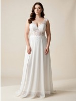 Romantic Lace Applique Chiffon A-Line Wedding Dress with Illusion Neckline