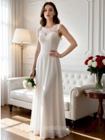 Romantic Lace Applique Chiffon A-Line Wedding Dress with Illusion Neckline