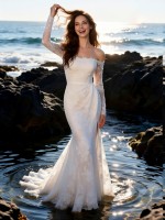 Romantic Off-the-Shoulder Long Sleeve Lace Mermaid Wedding Dress with High Slit