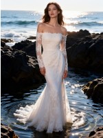 Romantic Off-the-Shoulder Long Sleeve Lace Mermaid Wedding Dress with High Slit
