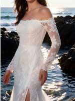 Romantic Off-the-Shoulder Long Sleeve Lace Mermaid Wedding Dress with High Slit