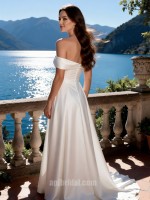 Modern Off-the-Shoulder A-Line Wedding Dress with Pleated Mikado Satin and Chapel Train