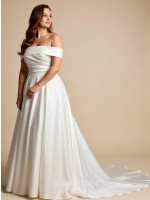 Modern Off-the-Shoulder A-Line Wedding Dress with Pleated Mikado Satin and Chapel Train