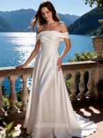 Modern Off-the-Shoulder A-Line Wedding Dress with Pleated Mikado Satin and Chapel Train